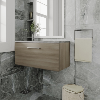 Nuie Arno Wall Hung 1-Drawer Vanity Unit with Bellato Grey Worktop 800mm Wide - Solace Oak Woodgrain