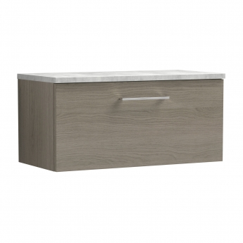 Nuie Arno Wall Hung 1-Drawer Vanity Unit with Bellato Grey Worktop 800mm Wide - Solace Oak Woodgrain