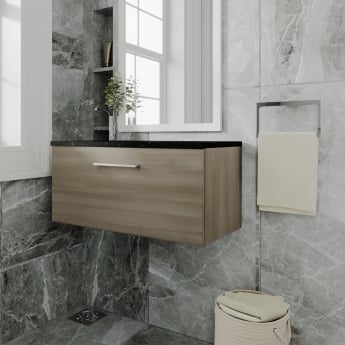 Nuie Arno Wall Hung 1-Drawer Vanity Unit with Sparkling Black Worktop 800mm Wide - Solace Oak Woodgrain