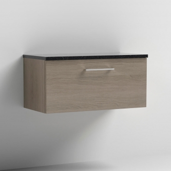 Nuie Arno Wall Hung 1-Drawer Vanity Unit with Sparkling Black Worktop 800mm Wide - Solace Oak Woodgrain