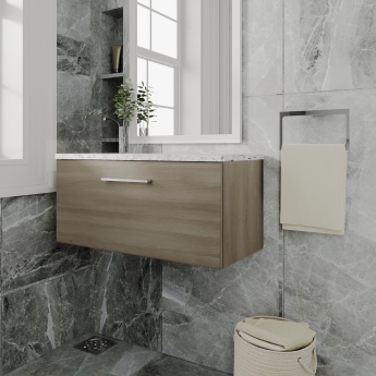 Nuie Arno Wall Hung 1-Drawer Vanity Unit with Sparkling White Worktop 800mm Wide - Solace Oak Woodgrain