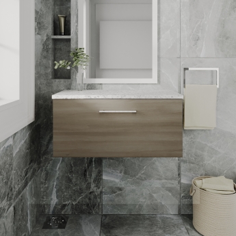 Nuie Arno Wall Hung 1-Drawer Vanity Unit with Sparkling White Worktop 800mm Wide - Solace Oak Woodgrain