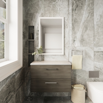 Nuie Arno Wall Hung 2-Drawer Vanity Unit with Bellato Grey Worktop 800mm Wide - Solace Oak Woodgrain