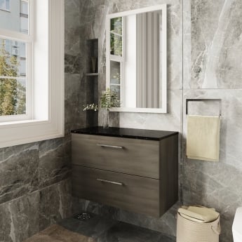 Nuie Arno Wall Hung 2-Drawer Vanity Unit with Sparkling Black Worktop 800mm Wide - Solace Oak Woodgrain