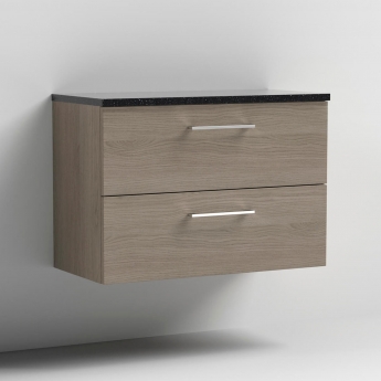 Nuie Arno Wall Hung 2-Drawer Vanity Unit with Sparkling Black Worktop 800mm Wide - Solace Oak Woodgrain