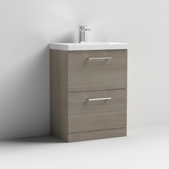 Nuie Arno Floor Standing 2-Drawer Vanity Unit with Basin-3 600mm Wide - Solace Oak Woodgrain