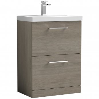 Nuie Arno Floor Standing 2-Drawer Vanity Unit with Basin-1 600mm Wide - Solace Oak Woodgrain