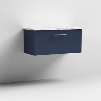 Nuie Arno Wall Hung 1-Drawer Vanity Unit with Carrera Marble Worktop 800mm Wide - Midnight Blue