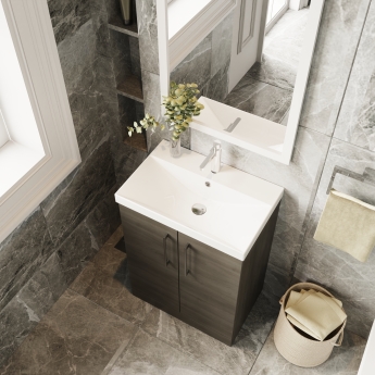 Nuie Arno Floor Standing 2-Door Vanity Unit with Basin-3 600mm Wide - Solace Oak Woodgrain