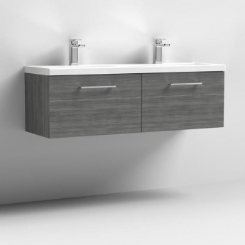 Nuie Arno Wall Hung 2-Drawer Vanity Unit with Double Ceramic Basin 1200mm Wide - Anthracite Woodgrain