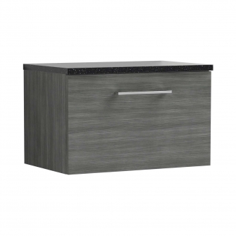 Nuie Arno Wall Hung 1-Drawer Vanity Unit with Sparkling Black Worktop 600mm Wide - Anthracite Woodgrain