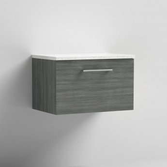 Nuie Arno Wall Hung 1-Drawer Vanity Unit with Sparkling White Worktop 600mm Wide - Anthracite Woodgrain