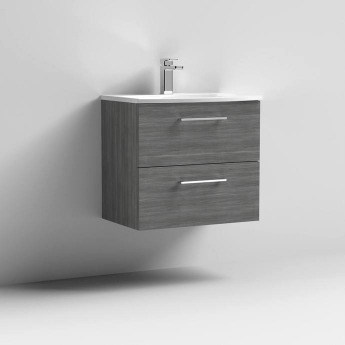 Nuie Arno Wall Hung 2-Drawer Vanity Unit with Basin-4 600mm Wide - Anthracite Woodgrain