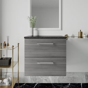 Nuie Arno Wall Hung 2-Drawer Vanity Unit with Sparkling Black Worktop 600mm Wide - Anthracite Woodgrain