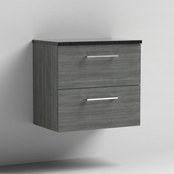 Nuie Arno Wall Hung 2-Drawer Vanity Unit with Sparkling Black Worktop 600mm Wide - Anthracite Woodgrain