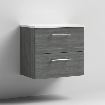 Nuie Arno Wall Hung 2-Drawer Vanity Unit with Sparkling White Worktop 600mm Wide - Anthracite Woodgrain