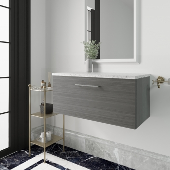 Nuie Arno Wall Hung 1-Drawer Vanity Unit with Sparkling White Worktop 800mm Wide - Anthracite Woodgrain