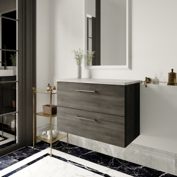 Nuie Arno Wall Hung 2-Drawer Vanity Unit with Bellato Grey Worktop 800mm Wide - Anthracite Woodgrain