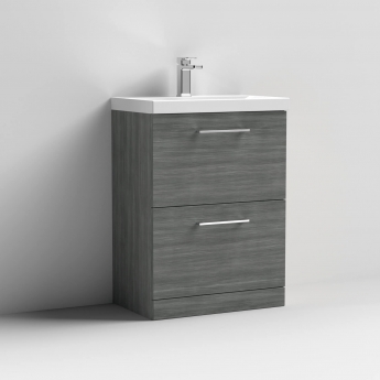 Nuie Arno Floor Standing 2-Drawer Vanity Unit with Basin-1 600mm Wide - Anthracite Woodgrain