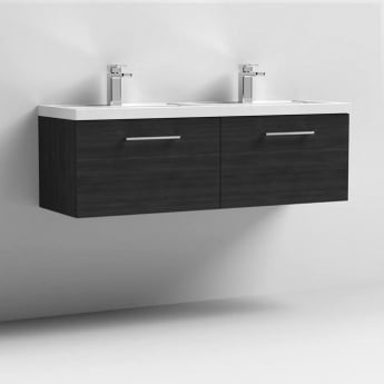 Nuie Arno Wall Hung 2-Drawer Vanity Unit with Double Ceramic Basin 1200mm Wide - Black Woodgrain