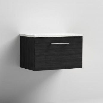 Nuie Arno Wall Hung 1-Drawer Vanity Unit with Sparkling White Worktop 600mm Wide - Black Woodgrain