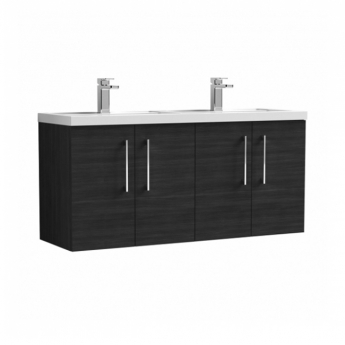 Nuie Arno Wall Hung 4-Door Vanity Unit with Double Polymarble Basin 1200mm Wide - Black Woodgrain