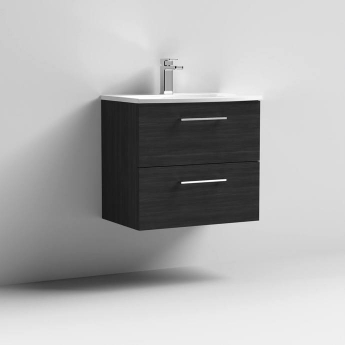 Nuie Arno Wall Hung 2-Drawer Vanity Unit with Basin-4 600mm Wide - Black Woodgrain