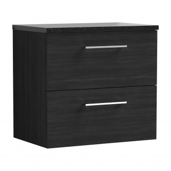 Nuie Arno Wall Hung 2-Drawer Vanity Unit with Sparkling Black Worktop 600mm Wide - Black Woodgrain