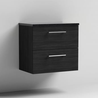 Nuie Arno Wall Hung 2-Drawer Vanity Unit with Sparkling Black Worktop 600mm Wide - Black Woodgrain