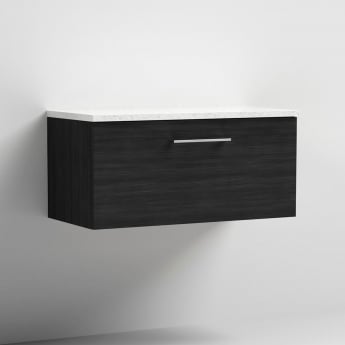 Nuie Arno Wall Hung 1-Drawer Vanity Unit with Sparkling White Worktop 800mm Wide - Black Woodgrain