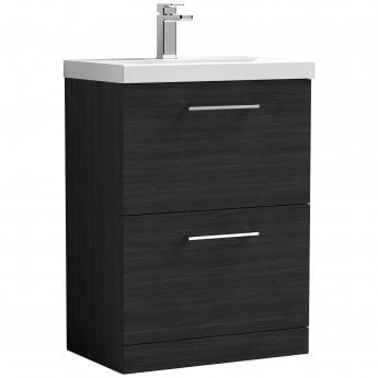 Nuie Arno Floor Standing 2-Drawer Vanity Unit with Basin-1 600mm Wide - Black Woodgrain