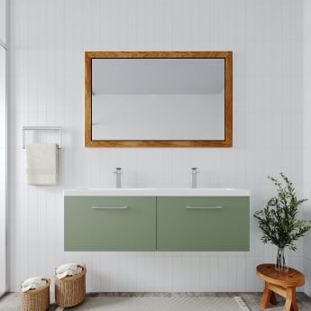 Nuie Arno Wall Hung 2-Drawer Vanity Unit with Double Ceramic Basin 1200mm Wide - Satin Green