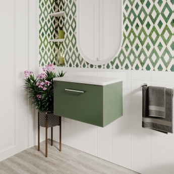 Nuie Arno Wall Hung 1-Drawer Vanity Unit with Sparkling White Worktop 600mm Wide - Satin Green