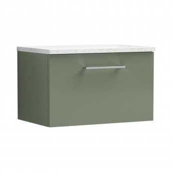 Nuie Arno Wall Hung 1-Drawer Vanity Unit with Sparkling White Worktop 600mm Wide - Satin Green