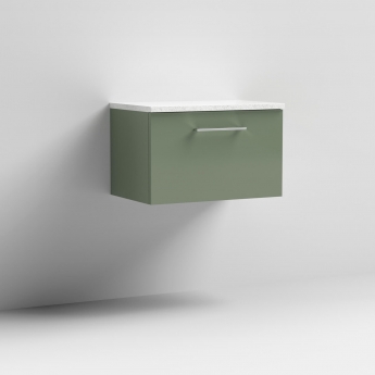 Nuie Arno Wall Hung 1-Drawer Vanity Unit with Sparkling White Worktop 600mm Wide - Satin Green