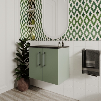 Nuie Arno Wall Hung 2-Door Vanity Unit with Sparkling Black Worktop 600mm Wide - Satin Green