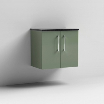 Nuie Arno Wall Hung 2-Door Vanity Unit with Sparkling Black Worktop 600mm Wide - Satin Green