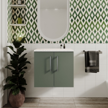 Nuie Arno Wall Hung 2-Door Vanity Unit with Sparkling White Worktop 600mm Wide - Satin Green