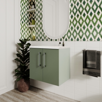 Nuie Arno Wall Hung 2-Door Vanity Unit with Sparkling White Worktop 600mm Wide - Satin Green