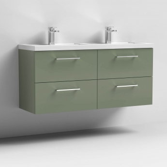 Nuie Arno Wall Hung 4-Drawer Vanity Unit with Double Polymarble Basin 1200mm Wide - Satin Green