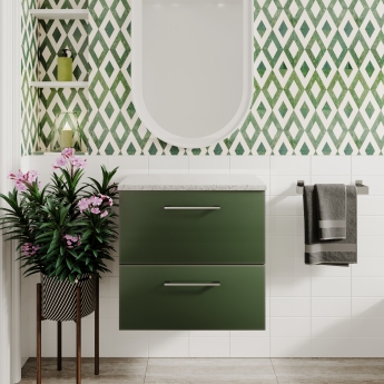 Nuie Arno Wall Hung 2-Drawer Vanity Unit with Sparkling White Worktop 600mm Wide - Satin Green