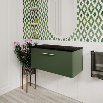 Nuie Arno Wall Hung 1-Drawer Vanity Unit with Sparkling Black Worktop 800mm Wide - Satin Green