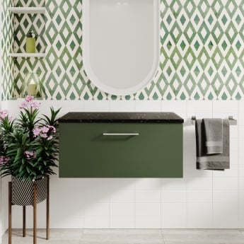 Nuie Arno Wall Hung 1-Drawer Vanity Unit with Sparkling Black Worktop 800mm Wide - Satin Green