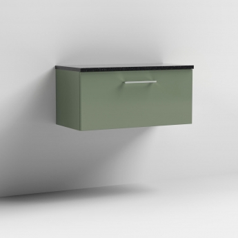 Nuie Arno Wall Hung 1-Drawer Vanity Unit with Sparkling Black Worktop 800mm Wide - Satin Green