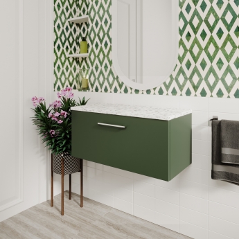 Nuie Arno Wall Hung 1-Drawer Vanity Unit with Sparkling White Worktop 800mm Wide - Satin Green