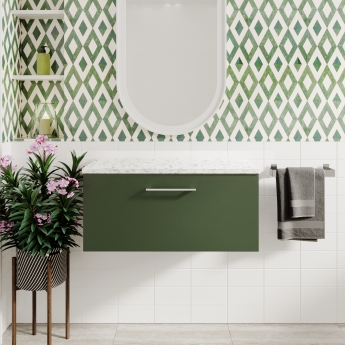 Nuie Arno Wall Hung 1-Drawer Vanity Unit with Sparkling White Worktop 800mm Wide - Satin Green