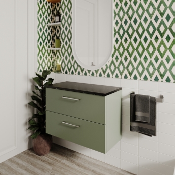 Nuie Arno Wall Hung 2-Drawer Vanity Unit with Sparkling Black Worktop 800mm Wide - Satin Green