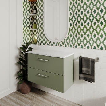 Nuie Arno Wall Hung 2-Drawer Vanity Unit with Sparkling White Worktop 800mm Wide - Satin Green