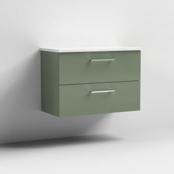 Nuie Arno Wall Hung 2-Drawer Vanity Unit with Sparkling White Worktop 800mm Wide - Satin Green