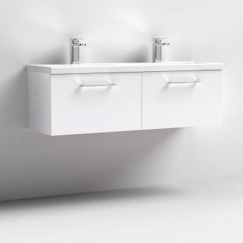 Nuie Arno Wall Hung 2-Drawer Vanity Unit with Double Ceramic Basin 1200mm Wide - Gloss White